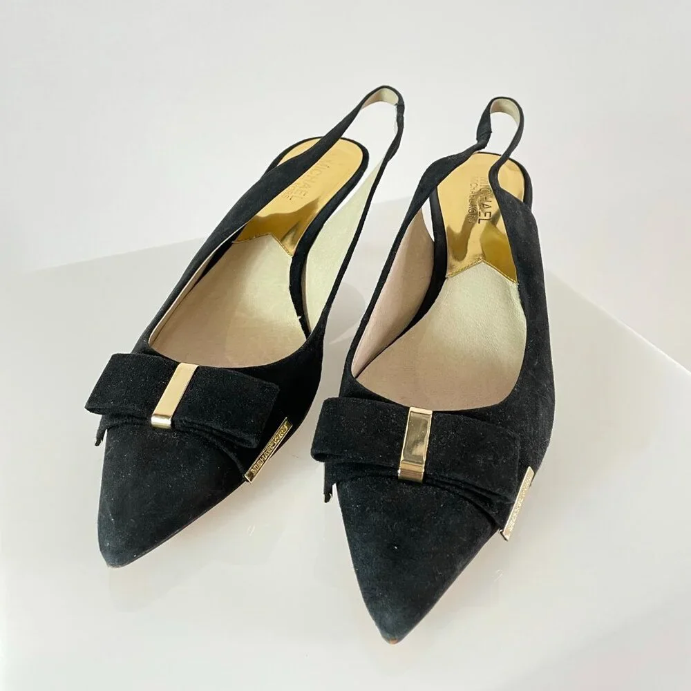 Minimalist | Michael Kors Black Suede Kitten Heel | Feminine Bow Gold Detail 9.5
